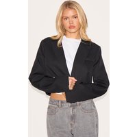 Black Woven Cropped Shoulder Padded Blazer