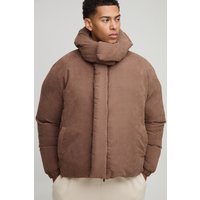 Oversized Boxy Peached Nylon Extreme Heavy Padded Funnel Neck Hooded Puffer Coat, Brown