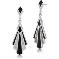Art Deco Style Cabochon Black Onyx & Marcasite Drop Earrings