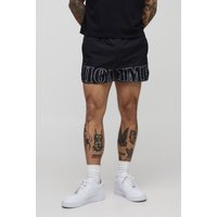Pantalón Corto De Nailon Con Estampado Y Cintura Elástica, Negro