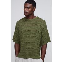 Camisa Oversize Recta Efecto Croché De Punto Con Cinta, Verde