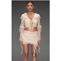 Champagne Sequin Lace Ruffle Detail Tie Front Blouse