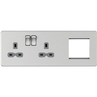 KnightsBridge Screwless 13A 2G DP Socket + 2G Modular Plate - Brushed Chrome, Grey Insert