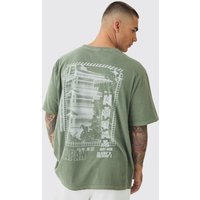 Camiseta Desteñida Con Estampado Japan En La Espalda, Verde