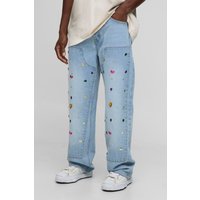 Relaxed Fit Embellished Carpenter Washed Jeans, Azul