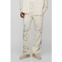 Elasticated Waist Relaxed Fit Embroidery Linen Blend Trousers, Beige