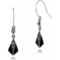 Art Deco Style Round Marcasite & Enamel Drop Earrings in 925 Sterling Silver