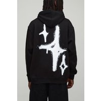 Black Oversized Graffiti Spray Cross Graphic Hoodie, Negro