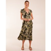 Tropical Print Wrap Front Midi Dress - M / BLACK