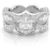 14K White Gold 2.2 CT.T.W. Princess Cut Lab Created Diamond 4 Prong Setting Side Stone Halo Engagement Ring