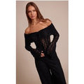 Black Fitted Lace Flared Sleeve Bardot Top