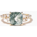 Cushion Cut Natural Moss Agate Engagement Ring Moissanite Cluster Ring