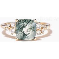Cushion Cut Natural Moss Agate Engagement Ring Moissanite Cluster Ring