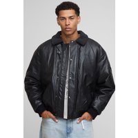 Oversized Boxy Textured Pu Borg Collar Bomber Jacket, Negro