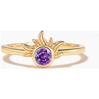 Celetial Solitaire Ring Round Cut Natural Amethyst Sun Engagement Ring