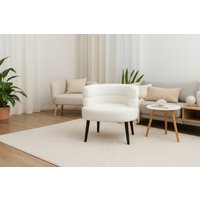 White Boucle Sherpa Fabric Armchair - Modern Compact Accent Sofa Chair with Solid Wood Legs | Wowcher