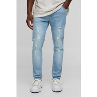 Skinny Fit Rhinestone Washed Rip & Repair Jeans, Azul
