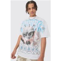 Camiseta Oversize Con Estampado Gráfico De Calavera Sobre Costuras, Blanco