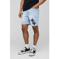 Slim Fit Washed Cross Embroidered Denim Shorts, Azul