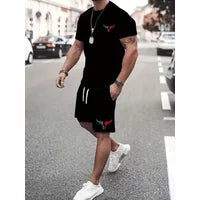 Summer Men's Casual Loose-Fit Short-Sleeve T-Shirt Set With Bull Head Print Men's Streetwear Crew Neck Short-Sleeve T-Shirt Suit