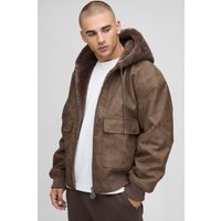 Oversized Fit Reversible Pu And Faux Fur Hooded Bomber Jacket, Brown