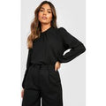 Blusa De Tela Y Manga Larga Con Volante En El Cuello, Negro