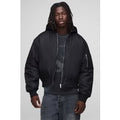Oversized Boxy Curved Hem Hooded Nylon Bomber Jacket, Negro