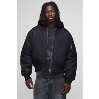 Oversized Boxy Curved Hem Hooded Nylon Bomber Jacket, Negro