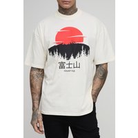 Camiseta Tall Oversize Con Cuello Extendido Y Estampado De Sombras Y Montañas, Cream