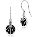 Art Deco Style Black Onyx Cabochon & Marcasite Drop Earrings in 925 Sterling Silver