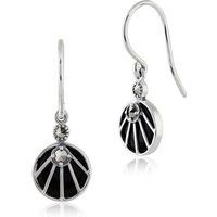 Art Deco Style Black Onyx Cabochon & Marcasite Drop Earrings in 925 Sterling Silver