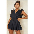 Black Poplin Button Detail Flare Short Playsuit