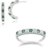 Classic Round Emerald & Diamond Half Hoop Earrings & Half Eternity Ring Set in 9ct White Gold