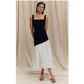 Monochrome Contrast Pleated Hem Square Neck Midaxi Dress