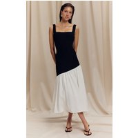 Monochrome Contrast Pleated Hem Square Neck Midaxi Dress
