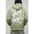 Oversized Washed Green Osaka Printed Hoodie, Verde