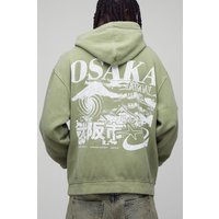 Oversized Washed Green Osaka Printed Hoodie, Verde