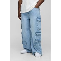 Plus Relaxed Fit Acid Wash Cargo Jeans, Gris