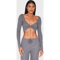 Charcoal Brushed Rib Twist Front Long Sleeve Bardot Top