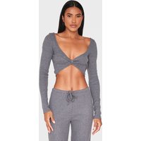 Charcoal Brushed Rib Twist Front Long Sleeve Bardot Top