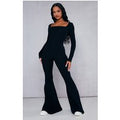 Black Ribbed Lace Trim Long Sleeve Flared Leg Jumpsuit