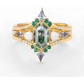 Bague de fiançailles en argent sterling plaqué or jaune avec agate mousse taille hexagonale