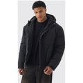 Parka Acolchada Con Capucha Y Cordón Elástico En Gris, Negro