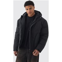 Parka Acolchada Con Capucha Y Cordón Elástico En Gris, Negro