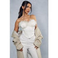 Womens Premium Satin Feather Trim Boned Corset - ivory - 10, Ivory