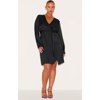 Plus Black Satin Long Sleeve Wrap Dress