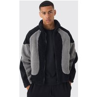 Chaqueta Negra De Borreguito Con Colores En Bloque, Negro