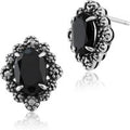 Art Deco Style Oval Black Spinel & Marcasite Stud Earrings in 925 Sterling Silver
