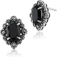 Art Deco Style Oval Black Spinel & Marcasite Stud Earrings in 925 Sterling Silver