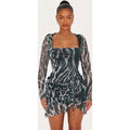 Shape Green Abstract Print Mesh Long Sleeve Ruched Side Frill Hem Bodycon Dress